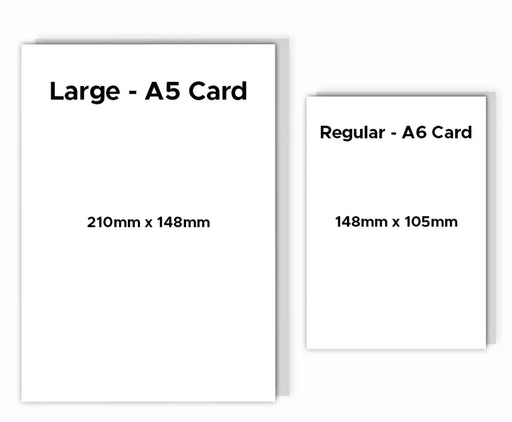 Comparison of large A5 card and regular A6 card dimensions on a white background